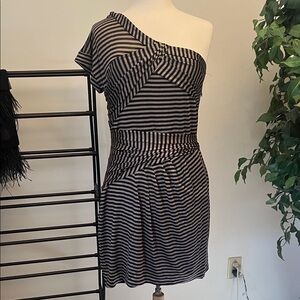 Striped Black and tan One-Shoulder Dress